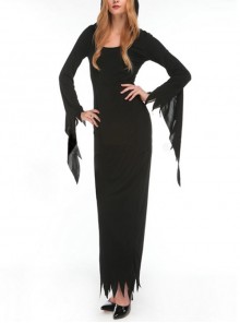 Black Simple Jagged Edge Long Sleeve Slim Dress Halloween Demon Ghost Witch Vampire Costume Female