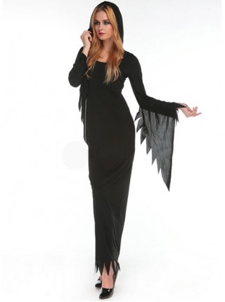 Black Simple Jagged Edge Long Sleeve Slim Dress Halloween Demon Ghost Witch Vampire Costume Female