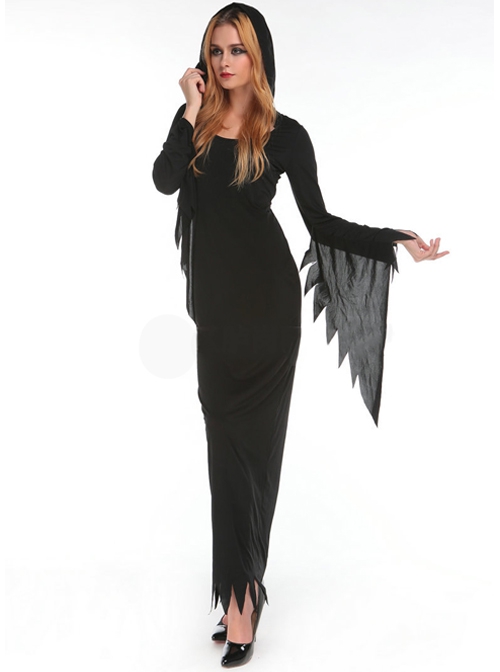 Black Simple Jagged Edge Long Sleeve Slim Dress Halloween Demon Ghost Witch Vampire Costume Female