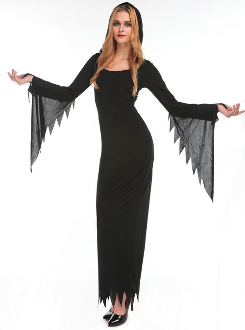 Black Simple Jagged Edge Long Sleeve Slim Dress Halloween Demon Ghost Witch Vampire Costume Female