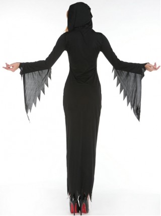 Black Simple Jagged Edge Long Sleeve Slim Dress Halloween Demon Ghost Witch Vampire Costume Female