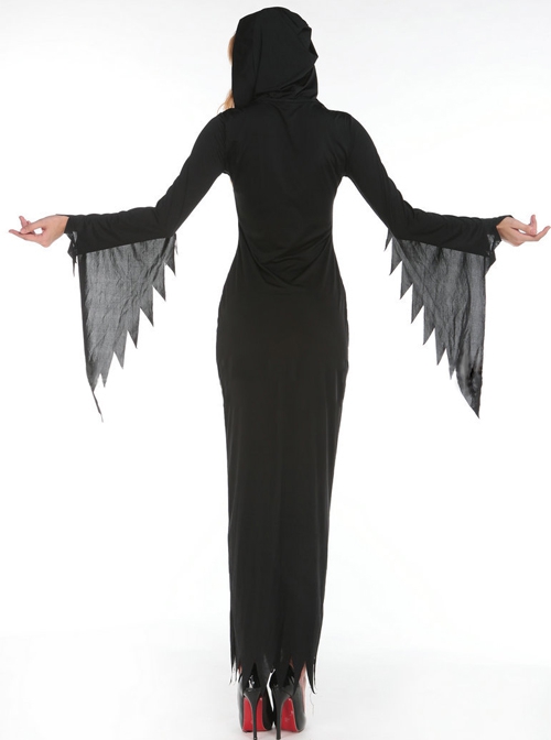 Black Simple Jagged Edge Long Sleeve Slim Dress Halloween Demon Ghost Witch Vampire Costume Female