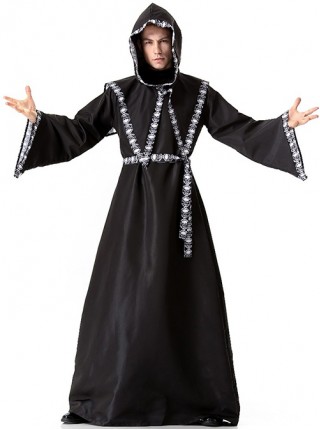 Black Simple Loose Long Sleeve Robe Coat Set Halloween Demon Grim Reaper Wizard Skeleton Vampire Costume Male