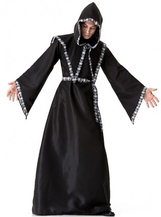 Black Simple Loose Long Sleeve Robe Coat Set Halloween Demon Grim Reaper Wizard Skeleton Vampire Costume Male