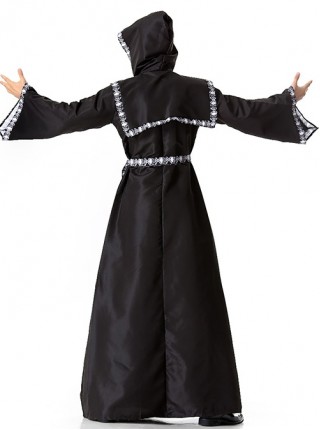 Black Simple Loose Long Sleeve Robe Coat Set Halloween Demon Grim Reaper Wizard Skeleton Vampire Costume Male