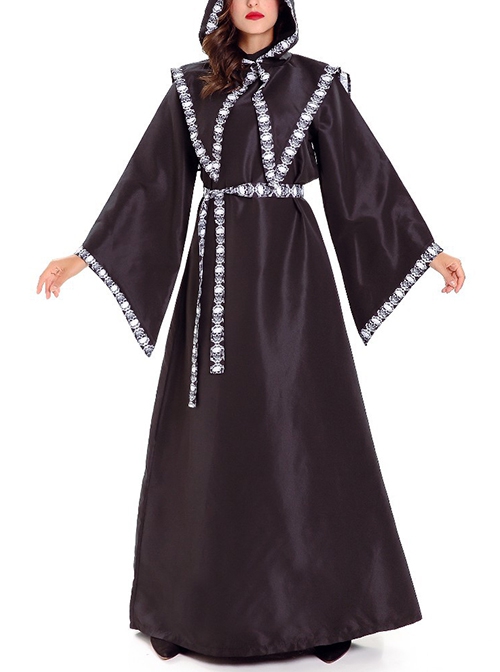 Black Simple Loose Long Sleeve Robe Coat Set Halloween Demon Grim Reaper Witch Vampire Skeleton Costume Female