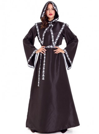 Black Simple Loose Long Sleeve Robe Coat Set Halloween Demon Grim Reaper Witch Vampire Skeleton Costume Female