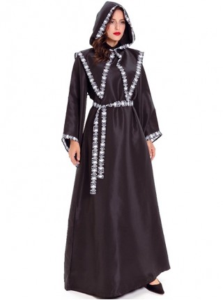 Black Simple Loose Long Sleeve Robe Coat Set Halloween Demon Grim Reaper Witch Vampire Skeleton Costume Female