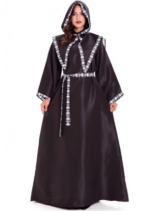 Black Simple Loose Long Sleeve Robe Coat Set Halloween Demon Grim Reaper Witch Vampire Skeleton Costume Female