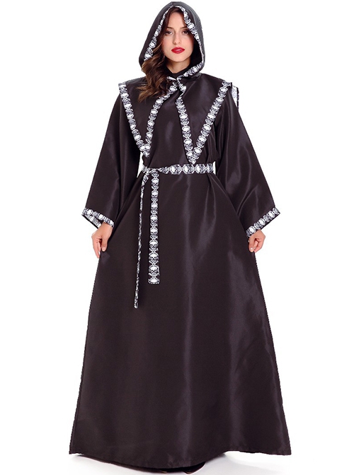 Black Simple Loose Long Sleeve Robe Coat Set Halloween Demon Grim Reaper Witch Vampire Skeleton Costume Female