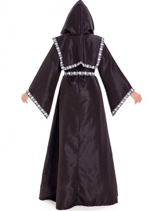 Black Simple Loose Long Sleeve Robe Coat Set Halloween Demon Grim Reaper Witch Vampire Skeleton Costume Female