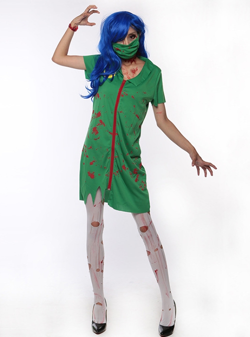 Elastic Slim Green Bloody Short Sleeve Zipper Style Short Dress With Mask Set Halloween Ghost Nurse Demon Zombie Vampire Costume Female
