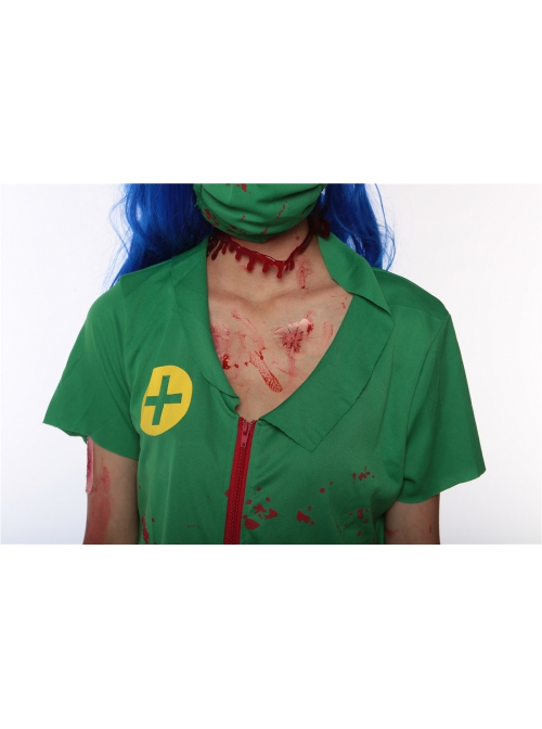 Elastic Slim Green Bloody Short Sleeve Zipper Style Short Dress With Mask Set Halloween Ghost Nurse Demon Zombie Vampire Costume Female