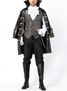 Gothic Retro Black Long Sleeve Stand Collar Cape Coat Gentleman Set Halloween Demon Vampire Knight Earl Costume Male