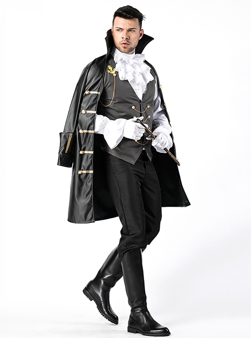 Gothic Retro Black Long Sleeve Stand Collar Cape Coat Gentleman Set Halloween Demon Vampire Knight Earl Costume Male