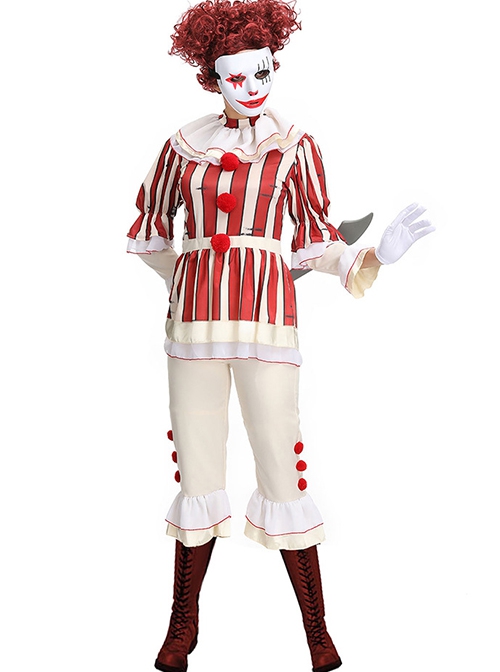 Plush Ball Decoration Red White Long Sleeve Top Beige Pants Set Halloween Demon Angel Circus Clown Performance Costume Female