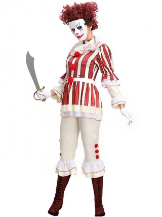 Plush Ball Decoration Red White Long Sleeve Top Beige Pants Set Halloween Demon Angel Circus Clown Performance Costume Female