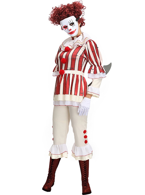 Plush Ball Decoration Red White Long Sleeve Top Beige Pants Set Halloween Demon Angel Circus Clown Performance Costume Female