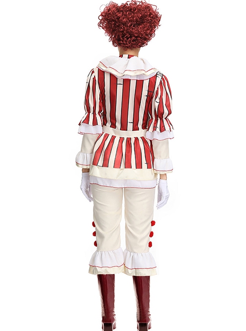 Plush Ball Decoration Red White Long Sleeve Top Beige Pants Set Halloween Demon Angel Circus Clown Performance Costume Female