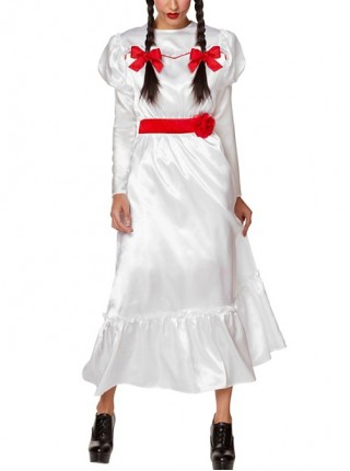 Movie Annabelle Cosplay Bow Belt Headband Long Sleeve Dress Set Horror Thriller Halloween Ghost Bride Zombie Demon Doll Costume Female