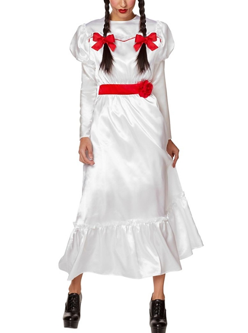 Movie Annabelle Cosplay Bow Belt Headband Long Sleeve Dress Set Horror Thriller Halloween Ghost Bride Zombie Demon Doll Costume Female