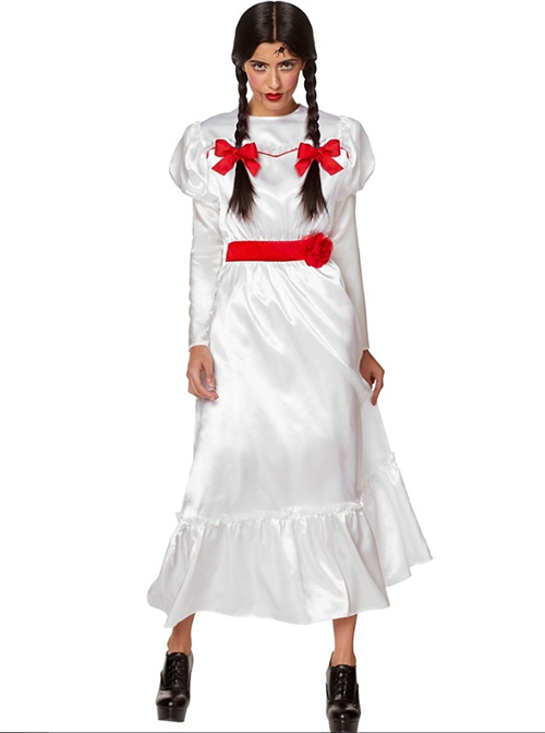 Movie Annabelle Cosplay Bow Belt Headband Long Sleeve Dress Set Horror Thriller Halloween Ghost Bride Zombie Demon Doll Costume Female