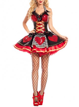Black Bow Red Love Hot Sexy Sling Short Dress Halloween Witch The Queen Of Hearts Costume