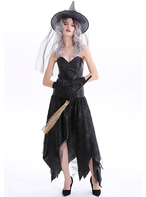Black Irregular Hem Long Tube Top Slim Dress Gloves Pointed Hat Set Halloween Demon Witch Magician Costume Female