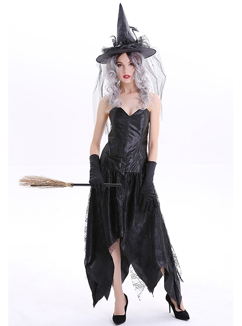 Black Irregular Hem Long Tube Top Slim Dress Gloves Pointed Hat Set Halloween Demon Witch Magician Costume Female