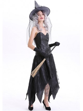 Black Irregular Hem Long Tube Top Slim Dress Gloves Pointed Hat Set Halloween Demon Witch Magician Costume Female