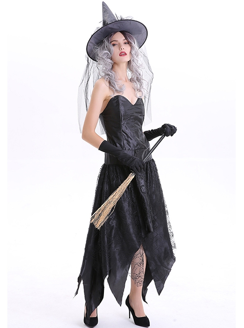 Black Irregular Hem Long Tube Top Slim Dress Gloves Pointed Hat Set Halloween Demon Witch Magician Costume Female