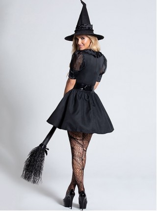 Black Lace Hollow Out Collar Fluffy Mesh Hem Short Sleeve Dress Halloween Vampire Demon Witch Earl Costume Female
