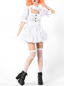 Simple White Loose Square Collar Short Sleeve Dress Orange Wig Set Halloween Circus Clown Costume Female