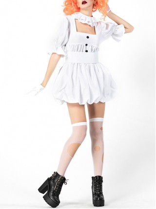 Simple White Loose Square Collar Short Sleeve Dress Orange Wig Set Halloween Circus Clown Costume Female