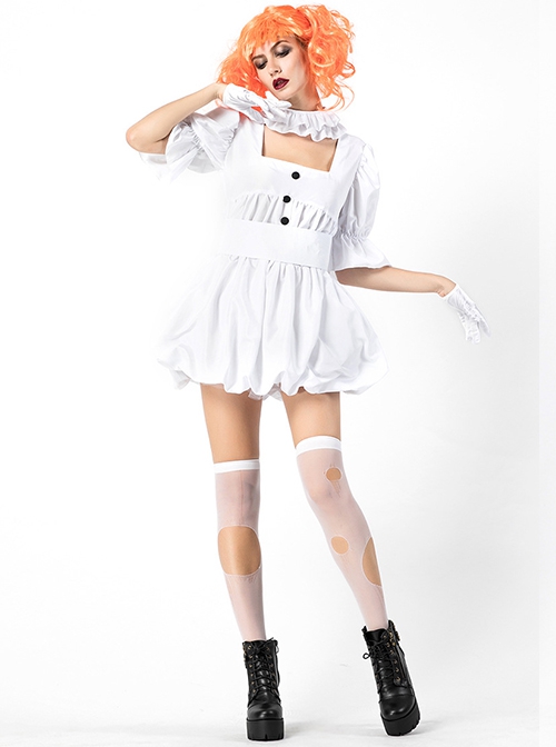 Simple White Loose Square Collar Short Sleeve Dress Orange Wig Set Halloween Circus Clown Costume Female