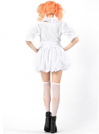 Simple White Loose Square Collar Short Sleeve Dress Orange Wig Set Halloween Circus Clown Costume Female