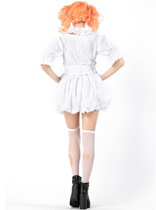 Simple White Loose Square Collar Short Sleeve Dress Orange Wig Set Halloween Circus Clown Costume Female