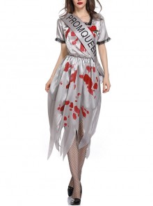 Horror Bloody Silver Jagged Edge Hem Short Sleeve Dress Crown Sash Set Halloween Ghost Bride Demon Zombie Vampire Costume Female