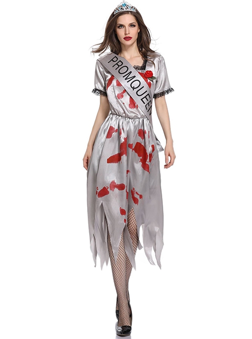 Horror Bloody Silver Jagged Edge Hem Short Sleeve Dress Crown Sash Set Halloween Ghost Bride Demon Zombie Vampire Costume Female