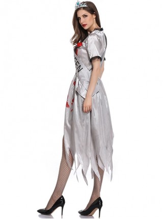 Horror Bloody Silver Jagged Edge Hem Short Sleeve Dress Crown Sash Set Halloween Ghost Bride Demon Zombie Vampire Costume Female