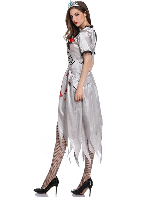 Horror Bloody Silver Jagged Edge Hem Short Sleeve Dress Crown Sash Set Halloween Ghost Bride Demon Zombie Vampire Costume Female