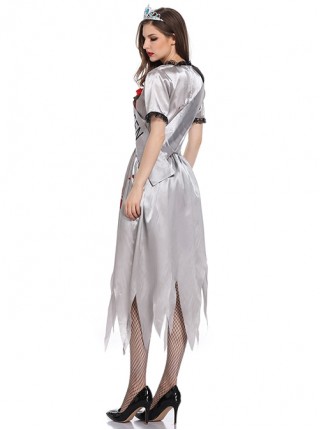 Horror Bloody Silver Jagged Edge Hem Short Sleeve Dress Crown Sash Set Halloween Ghost Bride Demon Zombie Vampire Costume Female