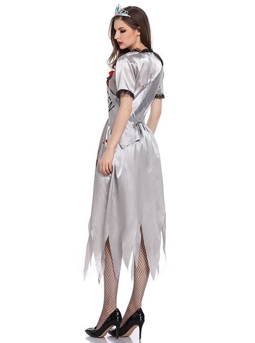 Horror Bloody Silver Jagged Edge Hem Short Sleeve Dress Crown Sash Set Halloween Ghost Bride Demon Zombie Vampire Costume Female