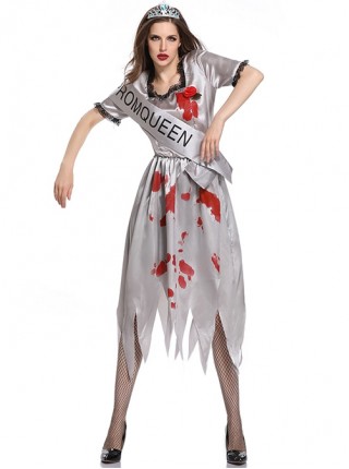 Horror Bloody Silver Jagged Edge Hem Short Sleeve Dress Crown Sash Set Halloween Ghost Bride Demon Zombie Vampire Costume Female