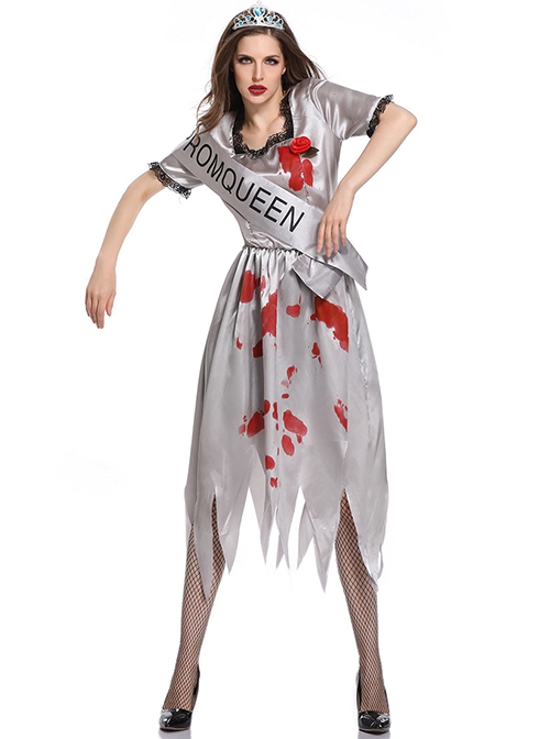 Horror Bloody Silver Jagged Edge Hem Short Sleeve Dress Crown Sash Set Halloween Ghost Bride Demon Zombie Vampire Costume Female