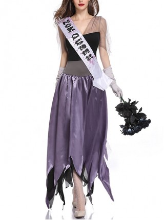 Elegant Charming Purple Irregular Hem Sleeveless Slim Long Dress Crown Sash Set Halloween Ghost Bride Vampire Earl Princess Costume Female