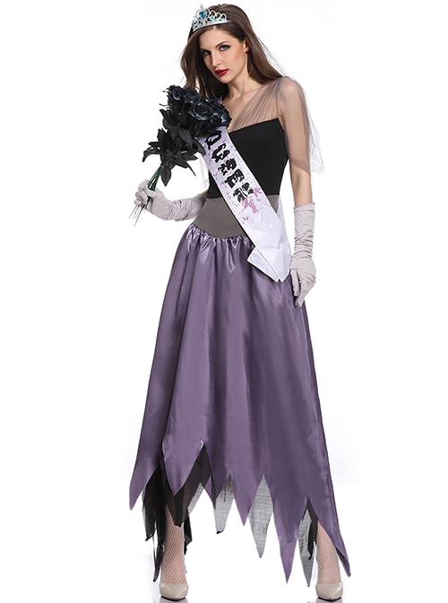 Elegant Charming Purple Irregular Hem Sleeveless Slim Long Dress Crown Sash Set Halloween Ghost Bride Vampire Earl Princess Costume Female