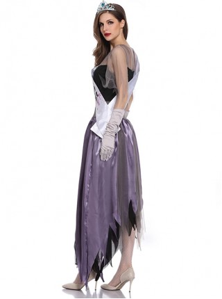 Elegant Charming Purple Irregular Hem Sleeveless Slim Long Dress Crown Sash Set Halloween Ghost Bride Vampire Earl Princess Costume Female