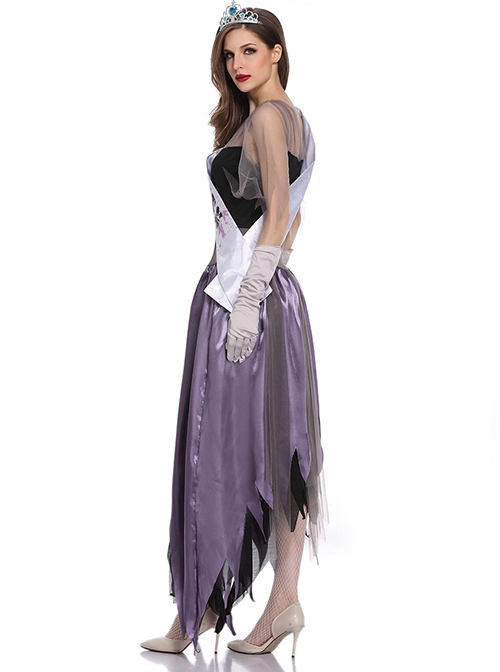 Elegant Charming Purple Irregular Hem Sleeveless Slim Long Dress Crown Sash Set Halloween Ghost Bride Vampire Earl Princess Costume Female