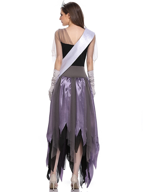 Elegant Charming Purple Irregular Hem Sleeveless Slim Long Dress Crown Sash Set Halloween Ghost Bride Vampire Earl Princess Costume Female